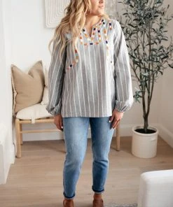 Ave Shops Long Sleeve Tops Color Chain Embroidered Top