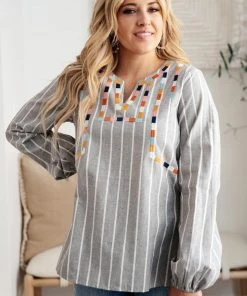 Ave Shops Long Sleeve Tops Color Chain Embroidered Top