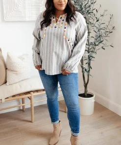 Ave Shops Long Sleeve Tops Color Chain Embroidered Top