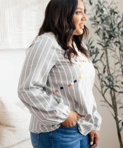 Ave Shops Long Sleeve Tops Color Chain Embroidered Top