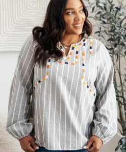 Ave Shops Long Sleeve Tops Color Chain Embroidered Top