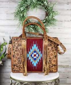 American Darling Concealed Carry Burgundy Aztec Tooled Tote Handbag Handbags & Wallets