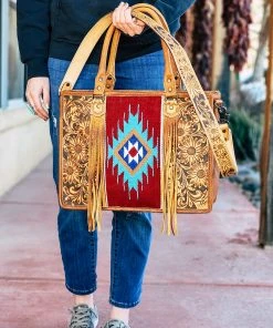 American Darling Concealed Carry Burgundy Aztec Tooled Tote Handbag Handbags & Wallets