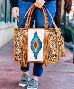 American Darling Handbags & Wallets Concealed Carry Cream Aztec Tooled Tote Handbag