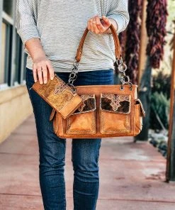 Montana West Concealed Carry Jolene Brown Cowhide Wallet & Satchel Handbag Handbags & Wallets