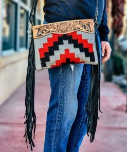 American Darling Concealed Carry Mason Red & Grey Fringe Crossbody Handbag Handbags & Wallets