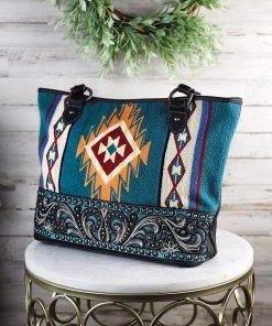 Montana West Concealed Carry Turquoise Tooled Tapestry Tote Handbag Handbags & Wallets