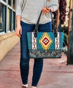 Montana West Concealed Carry Turquoise Tooled Tapestry Tote Handbag Handbags & Wallets