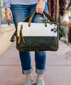 Myra Black & White Cowhide Laptop Handbag