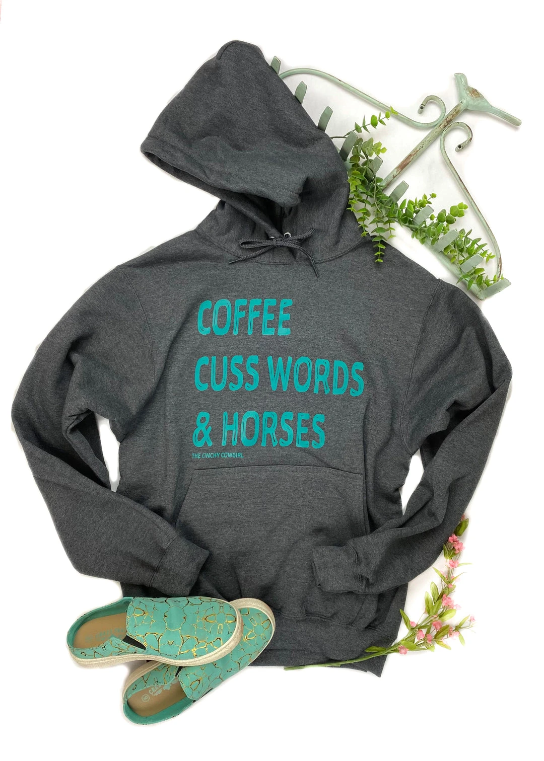 The Cinchy Cowgirl Dark Grey Coffee, Cuss Words & Horses Hoodie - Women's Graphic Pullover 3 The Cinchy Cowgirl Clothing Dark Grey Coffee, Cuss Words & Horses Hoodie