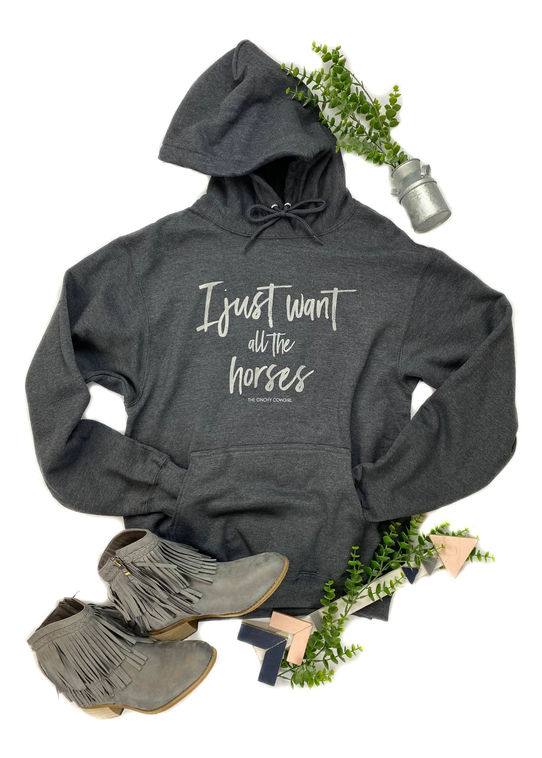 The Cinchy Cowgirl Dark Grey 'I Just Want All The Horses' Hoodie | Women's Graphic Pullover 3 The Cinchy Cowgirl Clothing Dark Grey I Just Want All The Horses Hoodie