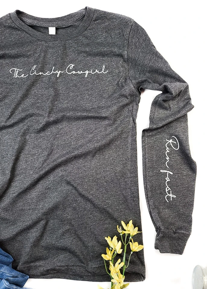 The Cinchy Cowgirl Dark Grey Long Sleeve Graphic Tee - Fast Run Design | TCC Graphic Tanks & Tees 3 The Cinchy Cowgirl Dark Grey Run Fast Long Sleeve Graphic Tee