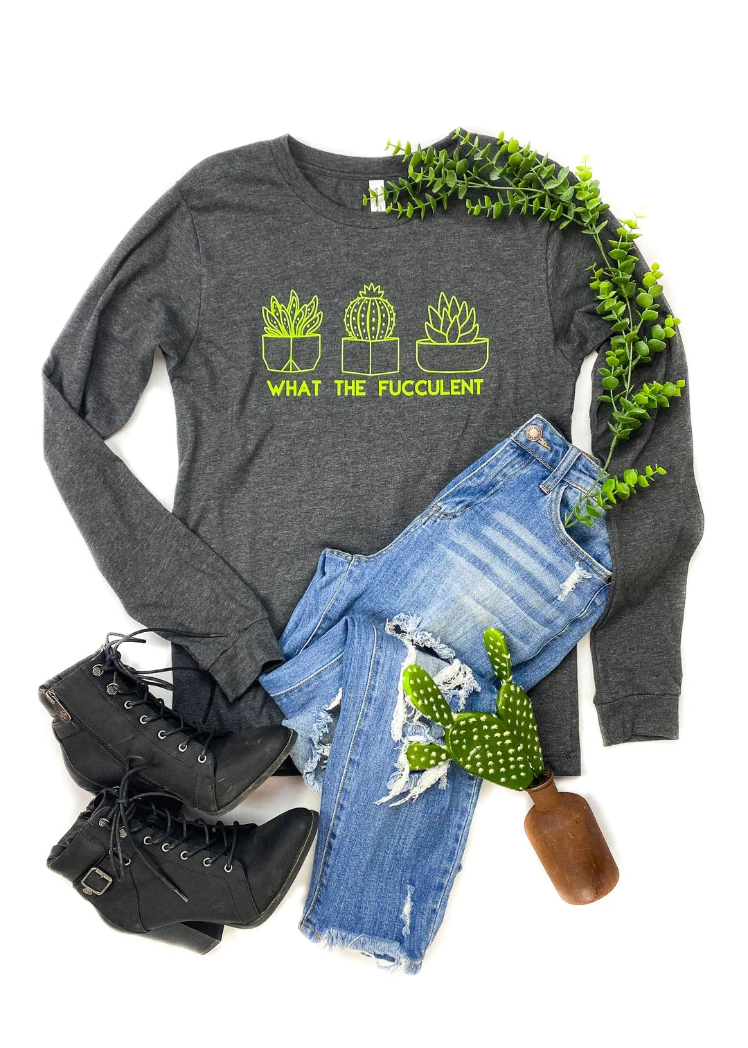 The Cinchy Cowgirl Dark Heather Grey 'What The Fucculent' Long Sleeve Graphic Tee - TCC Graphic Tanks & Tees 3 The Cinchy Cowgirl Dark Heather Grey What The Fucculent Long Sleeve Graphic Tee Clothing