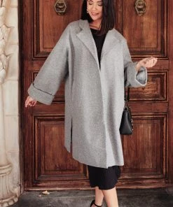 Ave Shops Stone Gray Oversized Trench Coat - Deconstructed Style for Women 17 Ave Shops Deconstructed Oversized Trench Coat In Stone Gray