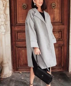 Ave Shops Stone Gray Oversized Trench Coat - Deconstructed Style for Women 26 Ave Shops Deconstructed Oversized Trench Coat In Stone Gray