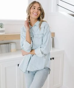Ave Shops Women's Don't Look Back Denim Shirt | Long Sleeve Top | Casual Tops & Blouses 32 Ave Shops Don't Look Back Denim Shirt