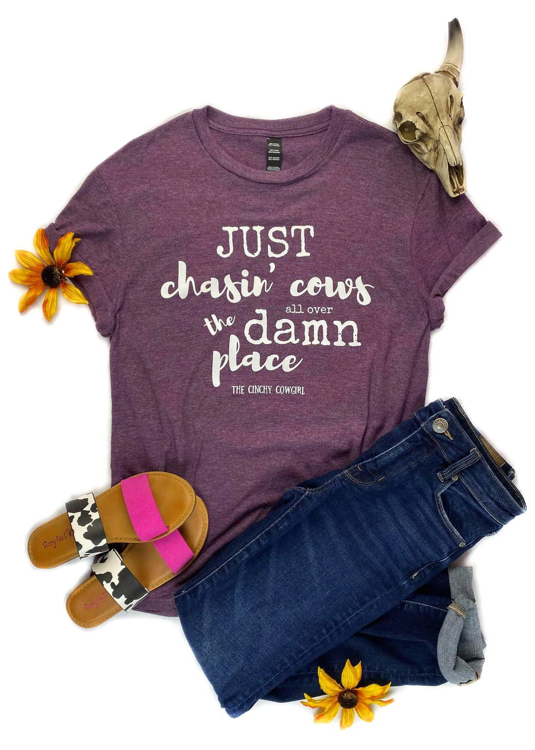 The Cinchy Cowgirl 'Just Chasin' Cows' Graphic Tee - Short Sleeve Casual Top 3 The Cinchy Cowgirl Eggplant Just Chasin' Cows Short Sleeve Graphic Tee Clothing