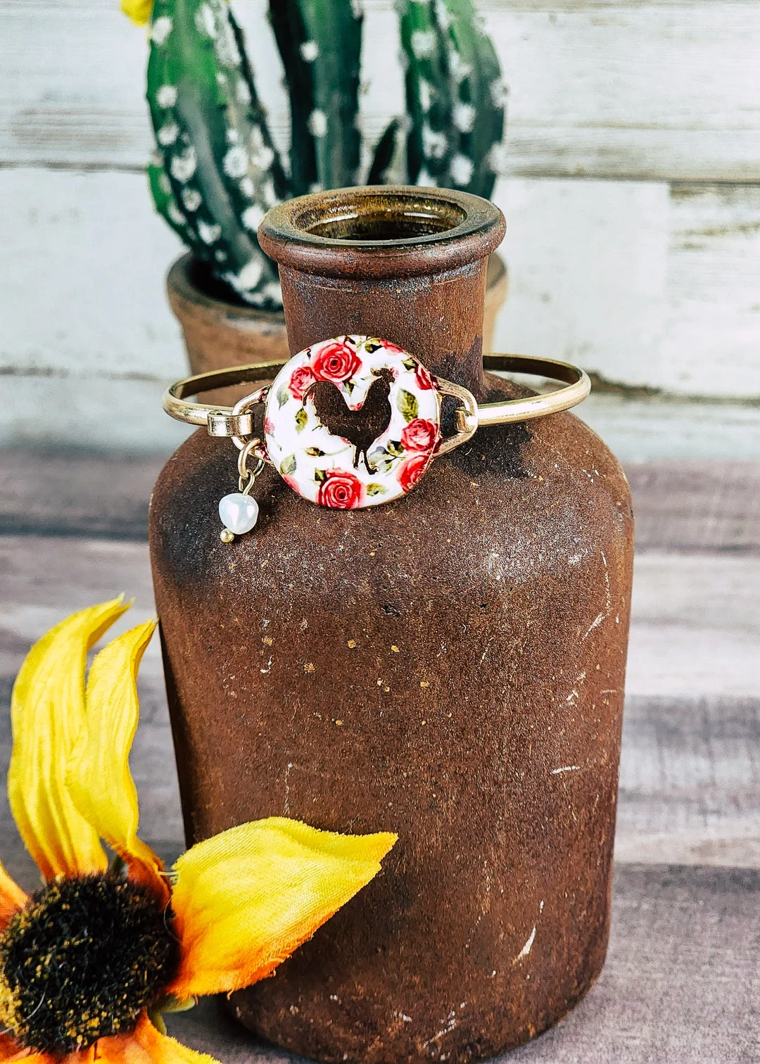 Blue Tortoise Floral Rooster Disk Bracelet - Unique Handmade Jewelry 3 Blue Tortoise Floral Rooster Disk Bracelet Jewelry