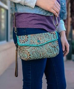 Myra Floral Tooled Patina Wristlet/Crossbody Handbags & Wallets