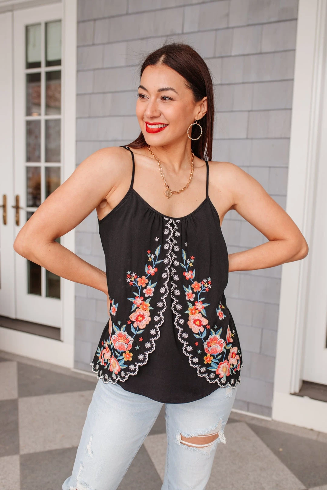 Ave Shops Garden Picnics Embroidered Tank Top - Women's Short Sleeve Blouse 5 Ave Shops Garden Picnics Embroidered Tank Clothing