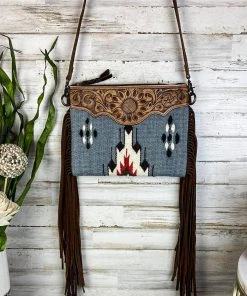 American Darling Handbags & Wallets Grey Aztec Saddle Blanket & Floral Tooled Leather Crossbody