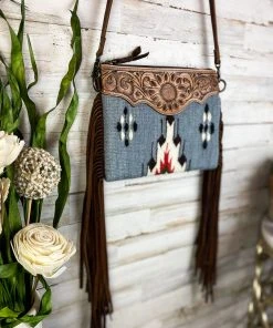 American Darling Handbags & Wallets Grey Aztec Saddle Blanket & Floral Tooled Leather Crossbody