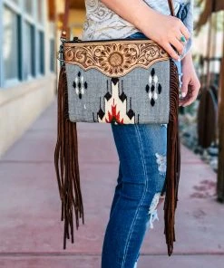 American Darling Handbags & Wallets Grey Aztec Saddle Blanket & Floral Tooled Leather Crossbody