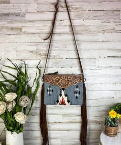 American Darling Handbags & Wallets Grey Aztec Saddle Blanket & Floral Tooled Leather Crossbody