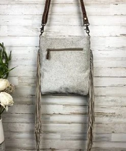 Myra Grey Slate Cowhide & Floral Tooled Crossbody Handbag
