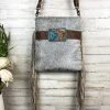 Myra Grey Slate Cowhide & Floral Tooled Crossbody Handbag