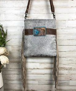 Myra Grey Slate Cowhide & Floral Tooled Crossbody Handbag