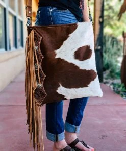 Myra Hand Tooled Brown & White Cowhide Handbag | Stylish Leather Bag | MEGA SALE 19 Myra Hand Tooled Brown & White Cowhide Handbag
