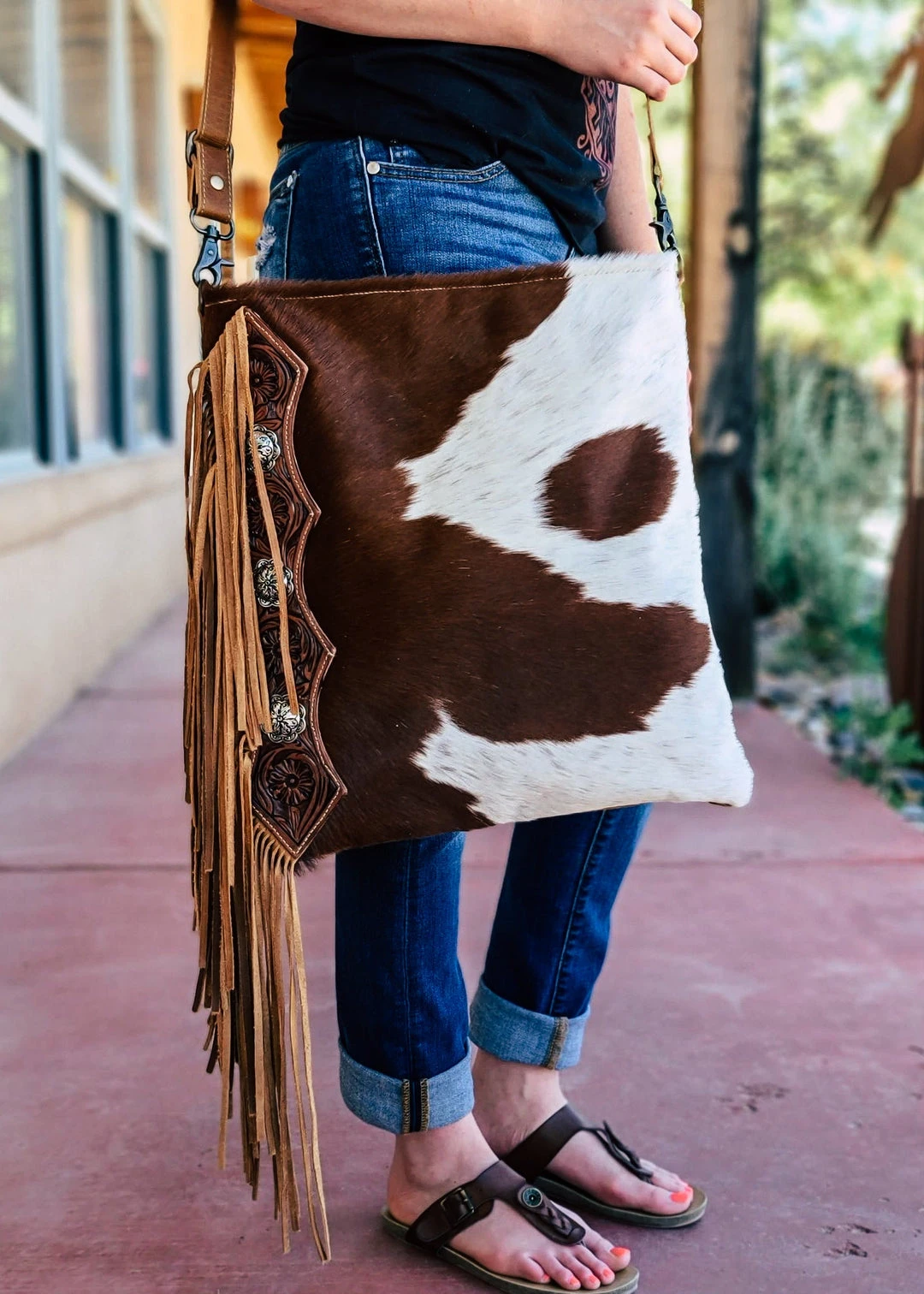 Myra Hand Tooled Brown & White Cowhide Handbag | Stylish Leather Bag | MEGA SALE 6 Myra Hand Tooled Brown & White Cowhide Handbag