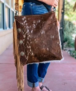 Myra Hand Tooled Brown & White Cowhide Handbag