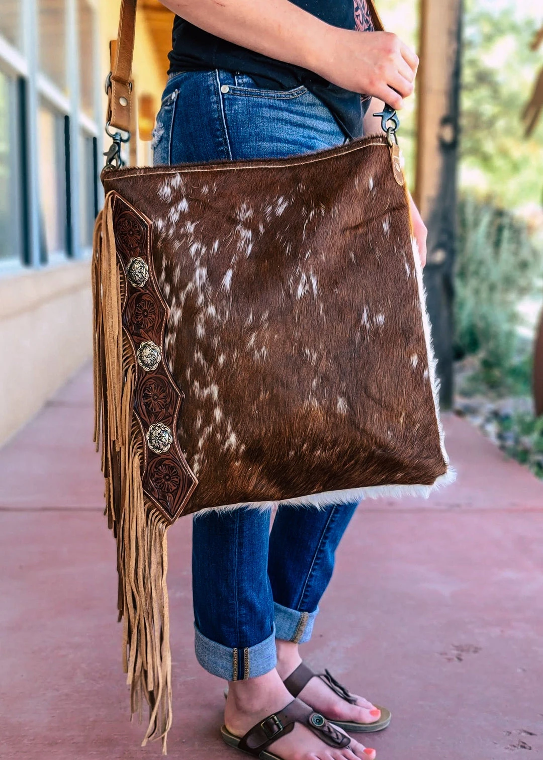 Myra Hand Tooled Brown & White Cowhide Handbag | Stylish Leather Bag | MEGA SALE 4 Myra Hand Tooled Brown & White Cowhide Handbag