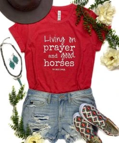 The Cinchy Cowgirl Heather Red Living On Prayer Short Sleeve Graphic Tee
