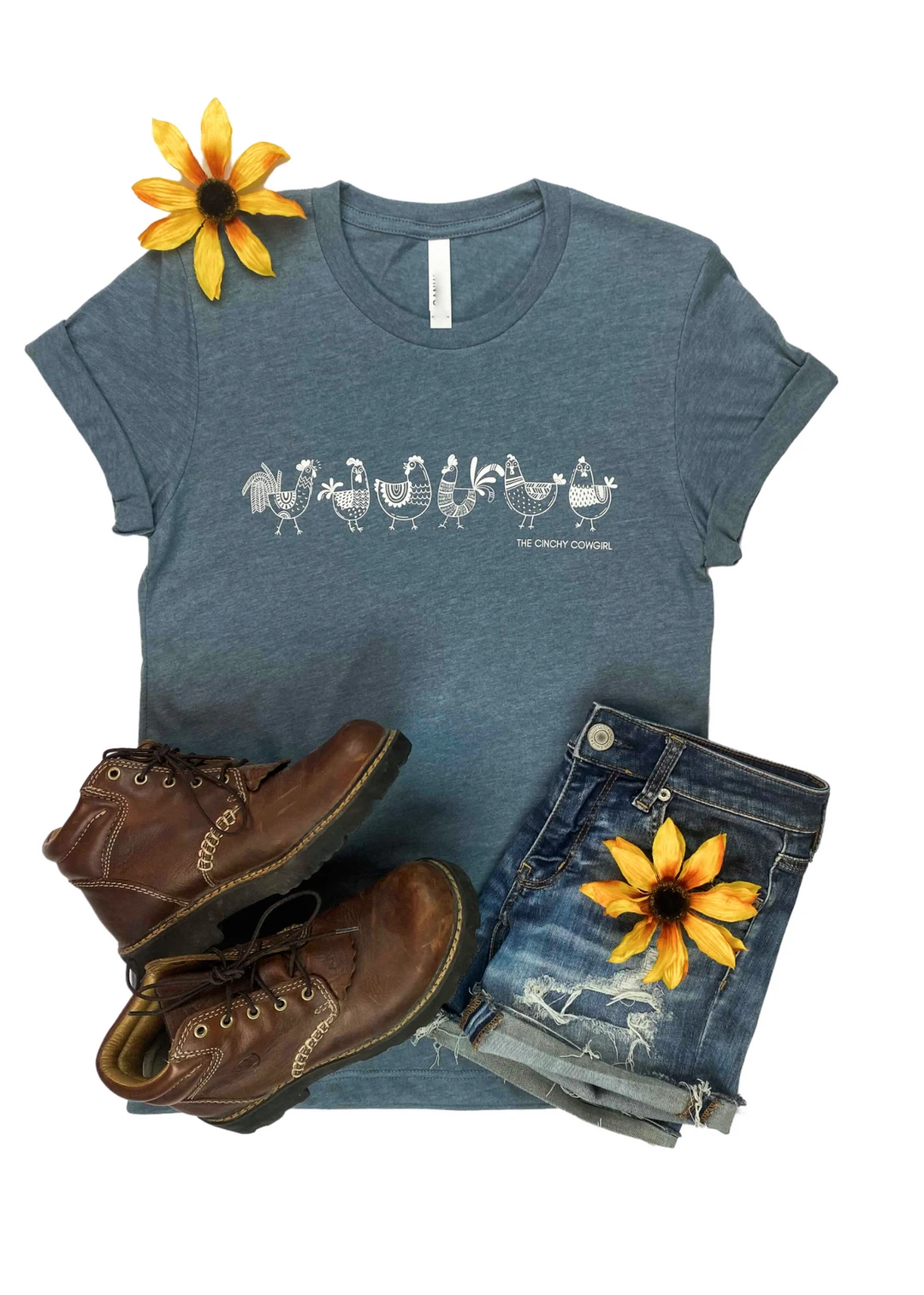 The Cinchy Cowgirl Heather Slate Chickens Graphic Tee - Short Sleeve Casual Top 3 The Cinchy Cowgirl Clothing Heather Slate Chickens Short Sleeve Graphic Tee