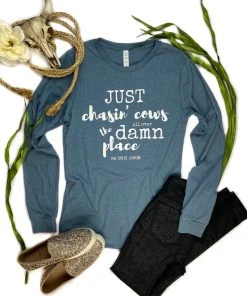 The Cinchy Cowgirl Clothing Heather Slate Just Chasin' Cows Long Sleeve Graphic Tee