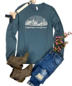 The Cinchy Cowgirl Heather Slate Support Your Local Farmers Long Sleeve Graphic Tee Clothing