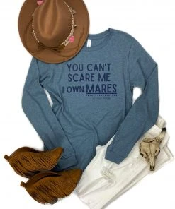 The Cinchy Cowgirl Clothing Heather Slate You Can't Scare Me I Own Mares Long Sleeve Graphic Tee