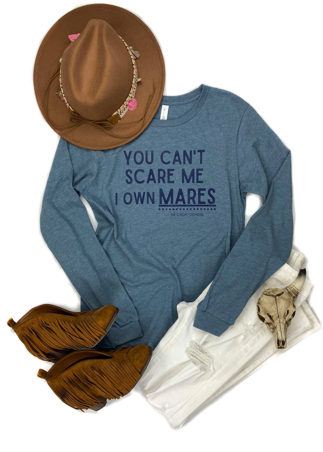 The Cinchy Cowgirl 'You Can't Scare Me I Own Mares' Heather Slate Long Sleeve Graphic Tee 3 The Cinchy Cowgirl Clothing Heather Slate You Can't Scare Me I Own Mares Long Sleeve Graphic Tee