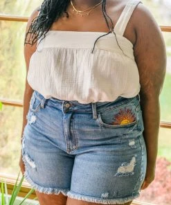 Ave Shops Hi-Rise Sun Embroidery Cutoff Shorts Bottoms & Jeans