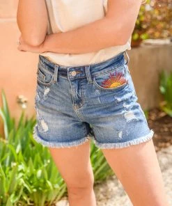 Ave Shops Hi-Rise Sun Embroidery Cutoff Shorts Bottoms & Jeans