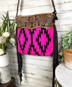 American Darling Hot Pink Aztec Fringe Concealed Carry Crossbody Handbag