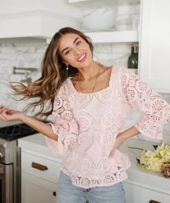 Ave Shops Pink Lace Surprise Blouse | Women's Short Sleeve Top 26 Ave Shops Clothing Lace Surprise Blouse In Pink