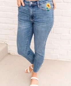 Ave Shops Bottoms & Jeans Hi-Rise Relaxed Sunflower Embroidery Jeans