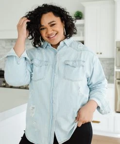 Ave Shops Women's Don't Look Back Denim Shirt | Long Sleeve Top | Casual Tops & Blouses 22 Ave Shops Don't Look Back Denim Shirt