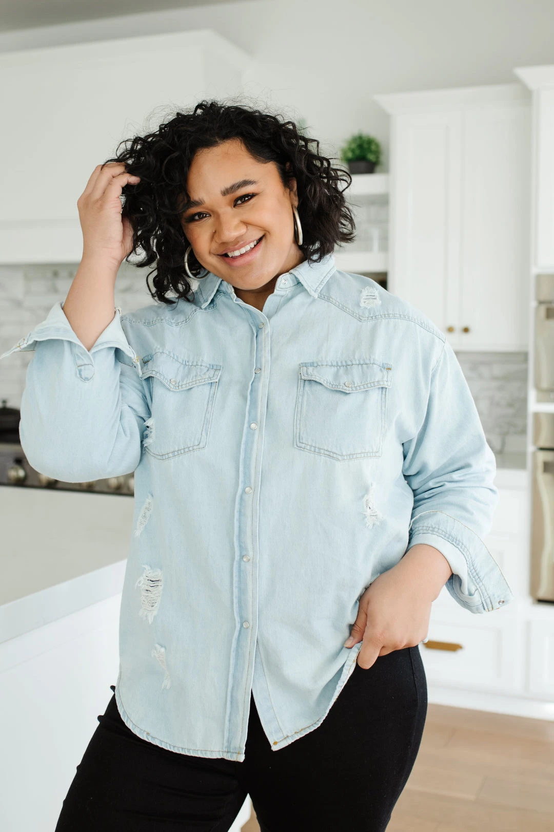 Ave Shops Women's Don't Look Back Denim Shirt | Long Sleeve Top | Casual Tops & Blouses 5 Ave Shops Don't Look Back Denim Shirt