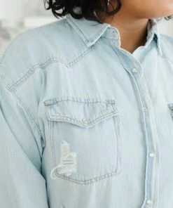 Ave Shops Women's Don't Look Back Denim Shirt | Long Sleeve Top | Casual Tops & Blouses 26 Ave Shops Don't Look Back Denim Shirt