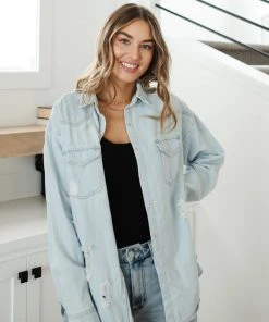 Ave Shops Women's Don't Look Back Denim Shirt | Long Sleeve Top | Casual Tops & Blouses 35 Ave Shops Don't Look Back Denim Shirt